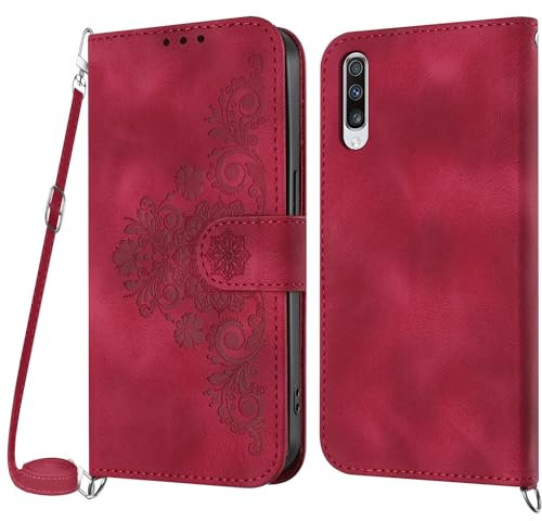 Netany Handykette Hülle für Samsung Galaxy A70 / A70S, Handyhülle für Samsung A70/A70S Hülle mit Kette Klappbar, PU Leder Necklace Klapphülle und Umhängeband Lanyard Flip Schutzhülle mit Band (Rot)