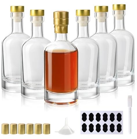 YBCPACK 100ml Glass Liquor Bottles with T-Top Caps, 6 Pack Empty Small Glass Bottles for Alcohol, Beverages, Clear Mini Vodka Bottle for Party Favors