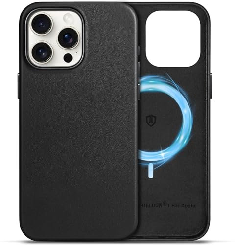 SHIELDON Hülle für iPhone 15 Pro Max Handyhülle Schutzhülle [Echtleder] [Kabellos Laden] [Elegant Aussehen] [Magnetisch] Dünn Lederhülle Case Cover Kompatibel mit iPhone 15 Pro Max 5G 6.7 Schwarz