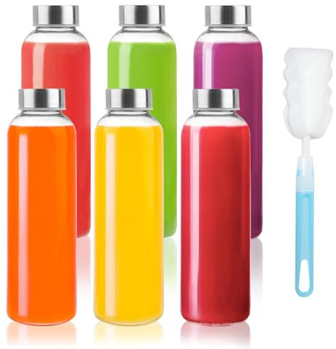 GUANENA Glaswasserflaschen, 473 ml, klare Glasflaschen mit Edelstahldeckel, wiederverwendbare Glas-Trinkflaschen mit Kappen, Saftflaschen zum Entsaften, Smoothies, Tee, Wasser, Getränke, 6 Stück