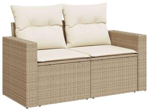 vidaXL Gartensofa mit Kissen 2-Sitzer, Sofa für Garten Terrasse, Terrassensofa mit abnehmbarem waschbarem Bezug, Gartenmöbel Terrassenmöbel, Beige Poly Rattan