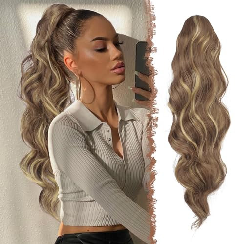 FESHFEN Pferdeschwanz Haarteil Haarverlängerung mit Kordelzug 60cm Pferdeschwanz Verlängerung Synthetik Wellig Locken Haarteil Ponytail Extension für Frauen, Hellbraun und Blond
