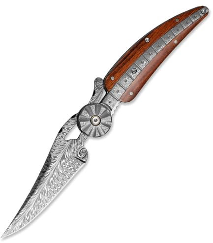 TABKER Damaststahl Einhandmesser, Aus Hochwertigem Damaststahl Jagdmesser Klappmesser Einhandmesser Outdoor Messer Messer Klappmesser Camping Reise Outdoor Tragbares