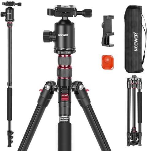 NEEWER 77” Camera Tripod Monopod with Phone Holder, Portable Travel Tripod with Remote, 360° Ball Head, 2 Axis Center Column, Arca QR Plate and Bag, Aluminum DSLR Tripod 34lb Max Load, TP77