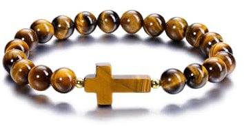 PiercingJak Kreuz Armband Herren Perlenarmband 8mm Tigerauge Perlen Armbänder Edelstein Spiritueller Schmuck Kommunion Geschenke für Männer Junge Damen Frauen