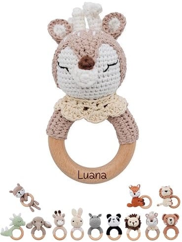 wunderwunsch® - Personalisierter Beißring Baby - Niedlicher Greifling für Baby's ab 0 Monate - Babyrassel mit Name als Baby Geschenk für Mädchen und Jungen (Reh beige Kragen,ohne Name)