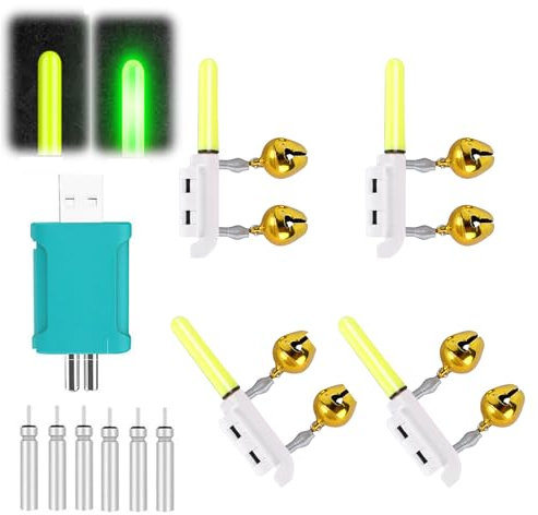 Nexoria Knicklichter Angeln, 4 Stück Bissanzeiger Angeln mit Glocke Wasserdicht Swinger Angeln Leuchtstäbe Angeln achtangeln Biss Alarm Angelzubehör für Angelrute (Grün)
