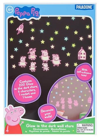 Peppa Wutz Wandaufkleber, leuchtet im Dunkeln, offiziell lizenzierte Schlafzimmerdekoration, enthält Selbstklebende 200 Sterne, 6 Charaktere, Rakete und Haus, Zubehör für Kleinkinderzimmer Paladone