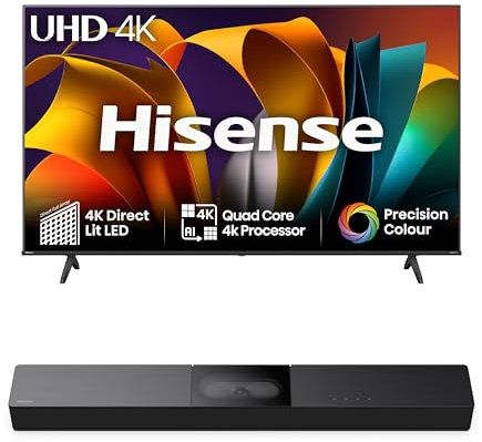 Hisense TV & Soundbar Bundle: 58A6NTUK TV with 4K Direct Lit, Quad Core 4K Processor Plus the HS2000 Soundbar with 240W Power,visulized built-in subwoofer- Perfect Match for Visual-Audio Experience