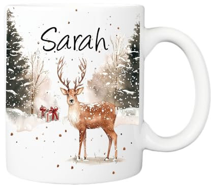 Pickhut Personalised Christmas Mugs - Hot Chocolate Mug, Secret Santa, Stocking Filler, Gifts for Christmas, Birthday, Xmas Eve Box (Classic Reindeer Mug)