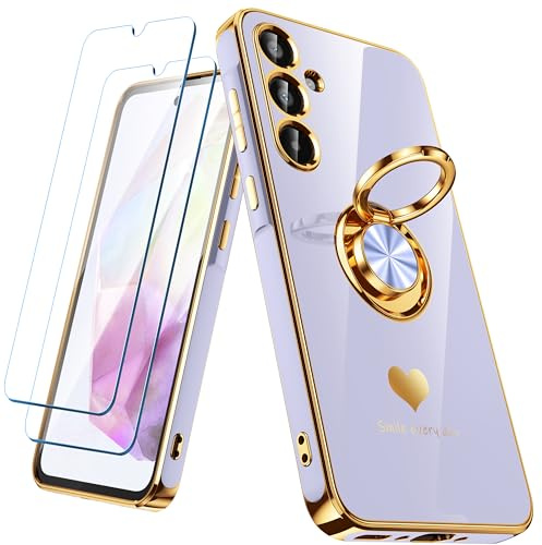 Nonional for Samsung Galaxy A35 5G Case with 2 Pack Screen Protector, 360° Rotatable Ring Holder [Luxury Hearts Pattern] Plating Gold Edge Slim Soft Phone Cover Case for Galaxy A35 - Lavender