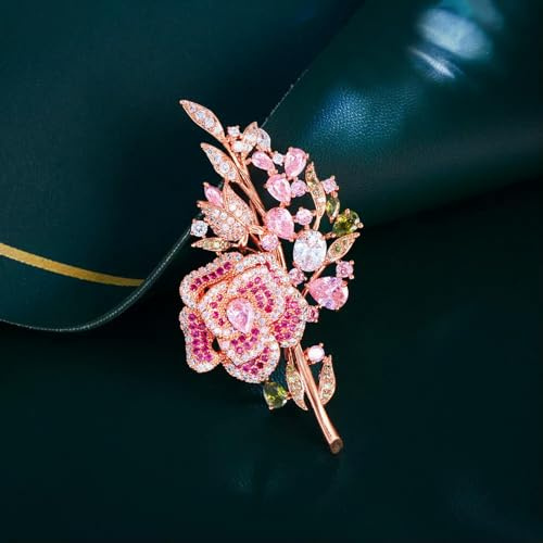 Broche élégante en Forme de Feuille de Fleur Rouge plaquée Or Rose avec zircone cubique
