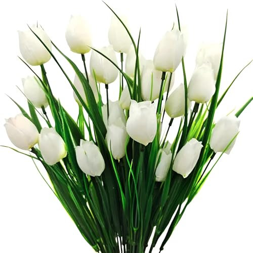 HNVNER Tulipani artificiali, 6 mazzi, fiori finti in seta bianca, 30 pezzi, tulipani finti, bouquet di fiori per matrimoni, decorazioni per la casa e il giardino