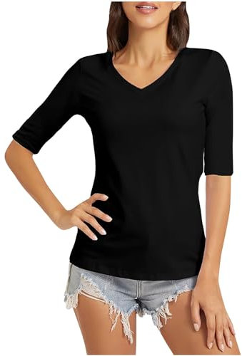 V Neck T Shirts for Women UK Sale Clearance Half Sleeve Tops Summer Solid Color Tshirts Lightweight Slim Fit Tee Shirts Casual Comfortable Plian Tshirts Ladies Blouses Size 8-22 Black