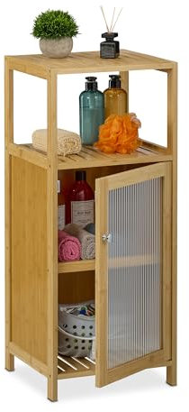 Relaxdays Mueble de Baño, 87,5x36,5x35 cm, 3 Compartimentos, Balda, Puerta, Bambú, Armario Estrecho para Aseo, Blanco, Plástico, Tablero de Fibras
