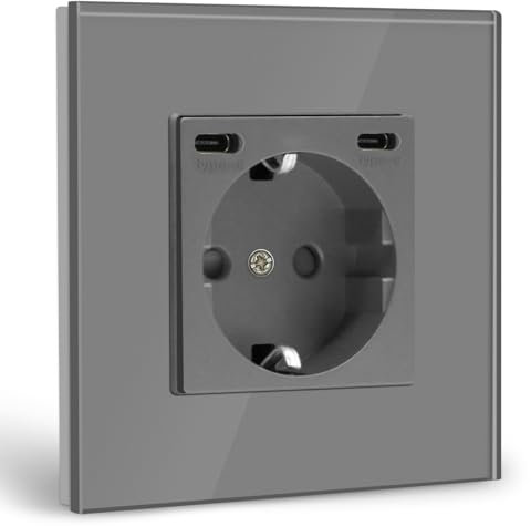 BSEED Steckdose mit USB C(5 V 2.1A),Unterputz Steckdose (Typ C und Typ C),16A 250V 1 Fach Wandsteckdose,2*USB C Einbausteckdose Geeignet für Phone,Pad-86mm*86mm,Grau