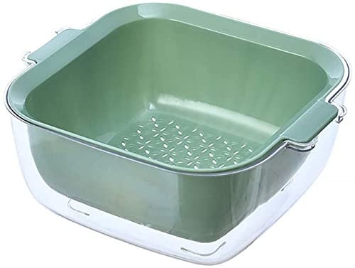Colador de cocina 2 en 1, cuenco de plástico de doble drenaje, cesta de almacenamiento desmontable para lavar frutas y verduras, color verde