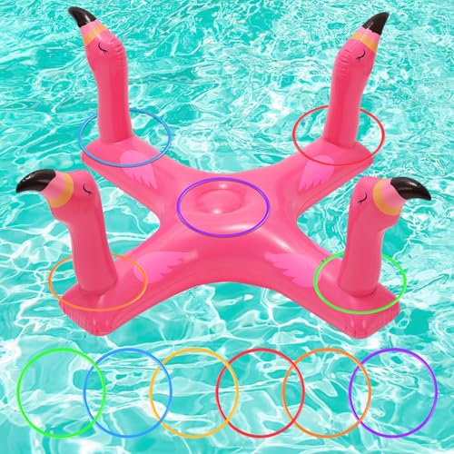 Aufblasbare Poolspielzeug, Flamingo Aufblasbares Wasserspielzeug Set, Schwimmender Werfen-Ferrule Spielzeug, Draußen Outdoor Pool Party Spielzeug für Kinder, Erwachsene, Familien (Rosa)