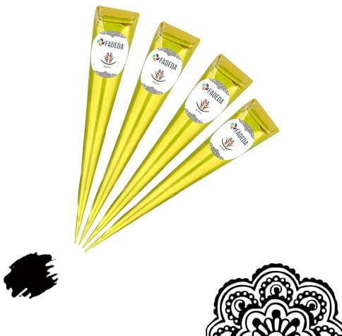 4x FADEDA Henna Kegel | 4x 25g natürliche Paste | Schwarz | 100 % pflanzlich | gebrauchsfertig & ohne PPD | Vegan | Bio | Halal | Mehandi | Mehndi