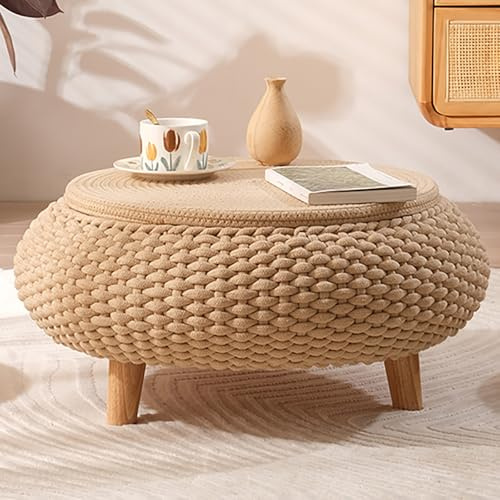 Nordivo Table Basse Ronde en Bois Massif avec Rangement Caché, Table de Salon Tressée Faite à la Main avec Pieds en Chêne, Table Basse sans Montage pour Salon ou Chambre(Light Brown,50cm/19.6in-1)