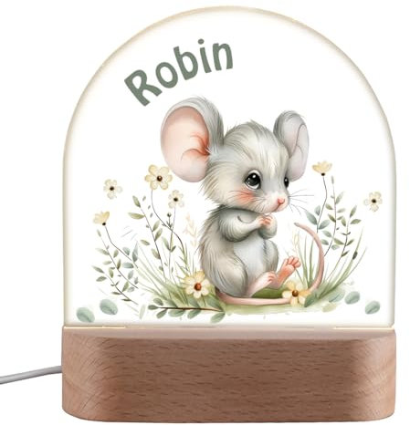 polar-effekt Kinder LED-Nachtlicht mit Maus-Motiv personalisiert als Geschenk - geeignet zur Taufe, Geburt & Geburtstag - Nachtlampe mit Name - aus Acryl & Holz
