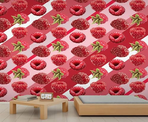 Raspberry Wallpaper Pink and Red Stripe Living Room Wallpaper Red Fruit Wall Murals for Bedroom Cartoon Accent Wall Paper for Kids Bedroom Living Room 280X200cm