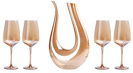 Dicker Weindekanter, Dekanter-Set aus Kristallglas mit 4 Gläsern, 1,5 l, bleifrei, goldfarben, tropffrei, Kipp-Design, 5 Stück