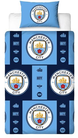 Character World Manchester City FC Single Duvet Cover Set – Official Reversible Bedding – Polycotton Man City Crest Emblem Design – Perfect for Cityzens
