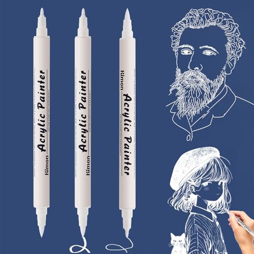 DomoJoy White Gel Pen, 3Pack White Pen Dual-tip Felt tip pens, 1.0mm/3.0mm BR Soft Tip, Acrylic marker for Fineliner Art, Highlight Permanent Ink, for Black Paper, Sketching, Scrapbook, Marking