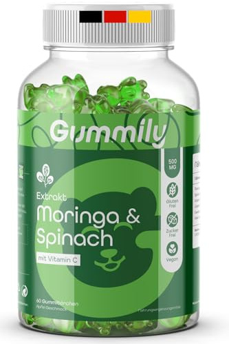 Moringa & Spinat Extrakt – Zuckerfrei – Superfood Komplex (500mg Extrakt) mit Eisen, Vitamin C & A – Alternative zu MoringaPulver & Moringa-Kapseln- 60 Gummibärchen - Gummily ®
