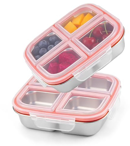 Wapasezyar 2 Stück Snackbox mit Fächern Edelstahl, Wiederverwendbare Snackbox mit 4 Fächern Edelstahl, Bento-Box für Snacks, Nüsse, Gemüse & Reis, Spülmaschinenfest (Weiß)