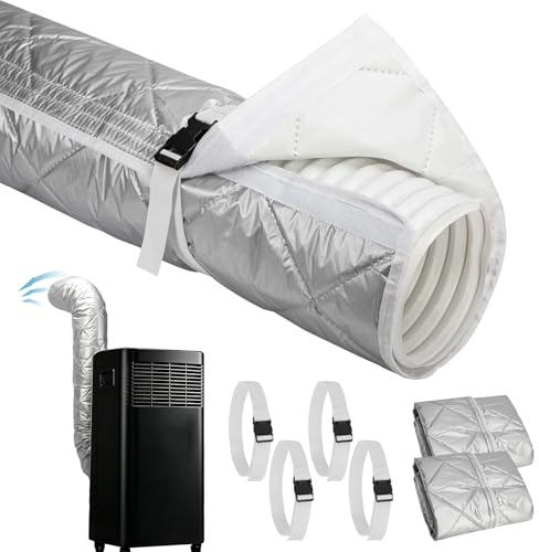 2 Stück 150x58CM Klimaanlage Abluftschlauch Isolierung für Ø15CM Abluftschläuche, Gesteppte Klimaschlauch Abdeckung für Mobile Klimageräte mit Klettverschluss und Verstellbaren Gurten(Silber, 2 Set)