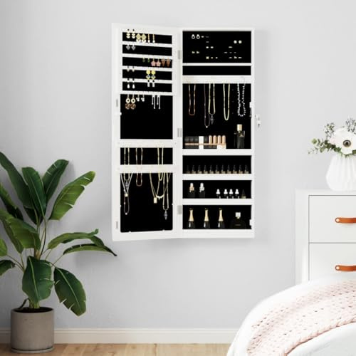 Runheo Schmuckschrank mit Spiegel zum Aufhängen Wandmontage Weiß 37,5x10x106 cm Holzwerkstoff mit abschließbarer Tür Stauraum für Schmuck und Parfums im Schlafzimmer oder Bad
