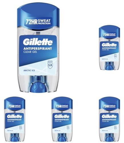 Gillette Arctic Ice Antitranspirant Clear Gel Stick für Männer 70ml, 72 Stunden Schweißschutz, 5X Aktiver Schutz, Anti-Weiße Flecken (Packung mit 5)
