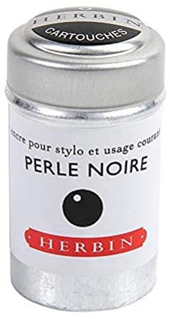 Herbin Jacques Ref 20109T - Universal Writing Snap-In Ink Cartridges - Perle Noire/Black Pearl - Cylindrical Metal Pot of 6 Cartridges - Black-Coloured Ink