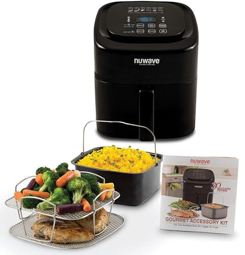 Nuwave Brio - Friggitrice digitale ad aria, con teglia antiaderente e griglia in acciaio inox (6 litri + kit gourmet), colore: Nero