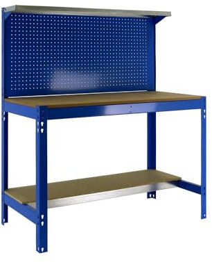 Simon Rack Banco da lavoro per officina, capacità di carico 400 kg, 1445x910x610 mm, tavolo da lavoro fai da te, Blu/Legno - BT3