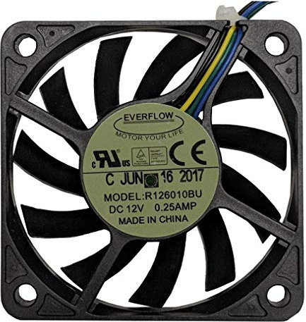 Everflow 60x60x10mm 12V DC Fan, PWM Function, Model R126010BUAF, 1400~5200 RPM, 21~44 dBA Noise Level, 5.66~21.03 CFM Air Flow, 4-Pin PWM Connector, Desktop Compatible
