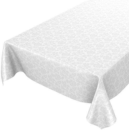 ANRO Wachstuchtischdecke Wachstuch abwaschbar Tischdecke Blumen Einfarbig Uni Weiß Reliefdruck Damast 200x140cm