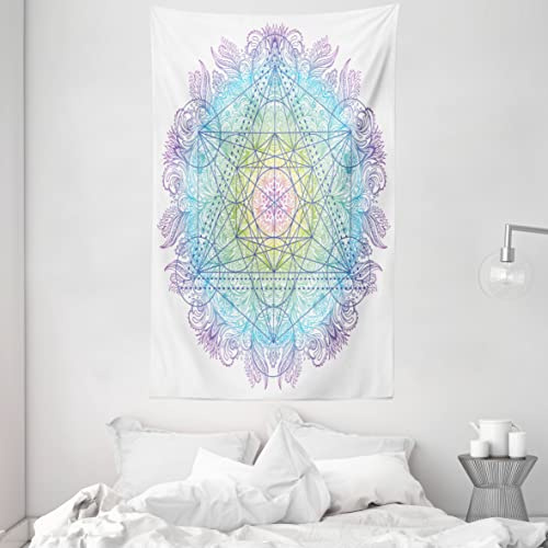 ABAKUHAUS Ethnisch Wandteppich und Tagesdecke, Metatron Würfel auf einem Mandala aus Weiches Mikrofaser Stoff Waschbar ohne Verblassen Digitaldruck, 140 x 230 cm, Weiß Lila