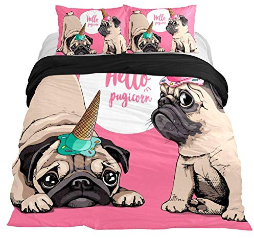 Eslifey Puppies Mops in Ice Cream Cap Hello Pugicorn Weiches Bettwäsche-Set für Schlafzimmer, 150 x 200 cm, Mehrfarbig, Twin 59 x 79/19 x 29 in