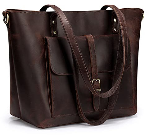 S-ZONE Damen Schultertasche Vintage Echtes Leder Groß Shopper Handtasche Henkeltasche Laptoptasche Arbeit Schule Einkaufen Reise