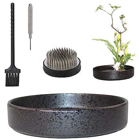 WANDIC Blumenarrangement Zubehör, Ikebana Schale Japanisch, Runde Ikebana Vasen aus Keramik mit 6 cm Rundem Frosch für Ikebana Blumenarrangement, Heimdekoration, Schwarz Gepunktet