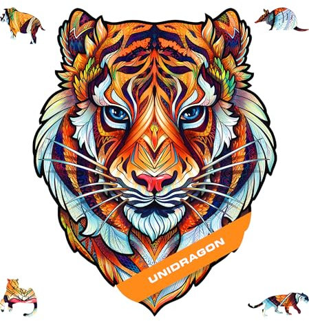 UNIDRAGON Original Holzpuzzle — Lieblicher Tiger, 104 Teile, Klein 7.4 x 9.3 Zoll (19 x 24 cm) Schöne Geschenkverpackung, Einzigartige Form Erwachsene und Kinder