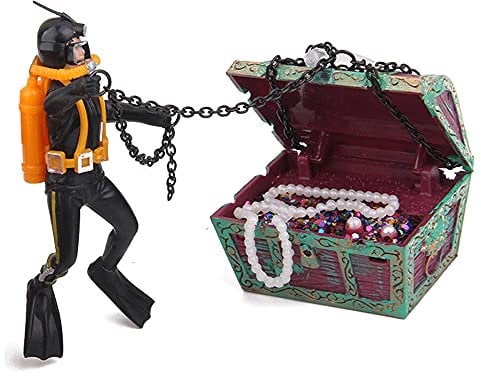 Mesee Aquarium Decor Creative Treasure Seeker, Fish Tank Ornament Undersea Landscape Treasure Chest Hunt Diver Air-Operated Decoration - Black