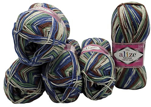 5 x 100 Gramm Sockenwolle mehrfarbig, 75% Schurwolle, 500 Gramm Wolle für Stricksocken und Strümpfe (braun blau grün weiß 7653)