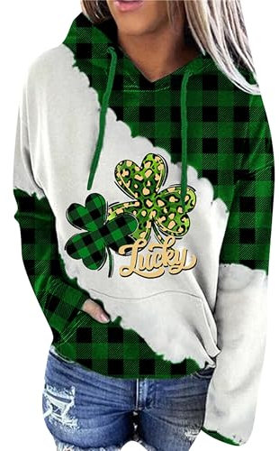 Yming Damen St. Patrick's Day Casual Pullover Kleeblatt Irish Hoodie Plaid Clover Sweatshirt Alphabet Kleeblatt 3XL