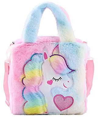 Ynredee Einhorn Handtasche,Niedlicher Plüsch-Einhorn-Handtasche, flauschiger Mini-Einhorn-Handtasche, Taschen für Mädchen, weiblich, Reisen, Plüsch, weich, Regenbogen-Schultasche,Bunte Handtaschen