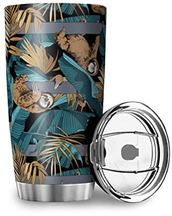 Kaffeebecher Reisebecher Tropisches Bananen Palmenblatt Faultier Thermo Becher Edelstahl Rostfrei Doppelwandige Isolierter Tassen Becher mit Spritzfestem Deckel Edelstahlbecher multicolor 600ml