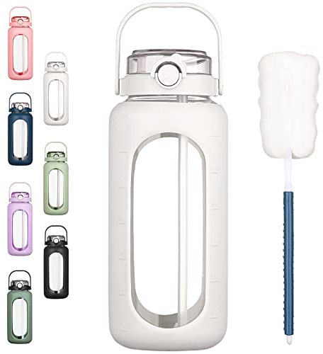 BLUEGO 2L Gourd en verre Avec paille Marqueur de temps Bouteille d'eau Motivation avec manchon en silicone 2 litres Grande carafe d'eau en Verre pour Gym, sports et entraînement, Blanc